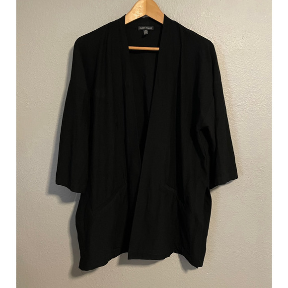 Eileen Fisher Womens Long Blazer Size Medium Black Viscose Stretch Open Normcore - Picture 1 of 7